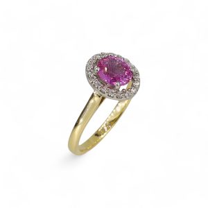 18ct yellow gold pink sapphire diamond halo