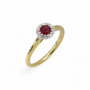 18ct yellow gold ruby and diamond halo ring