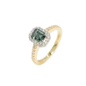 Teal sapphire and diamond halo ring